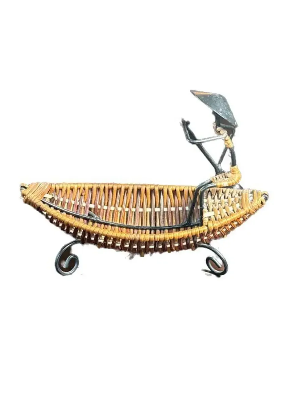 Vintage Asian Style Woven Wicker and Metal Gondola Boat Sculpture Fruit Basket